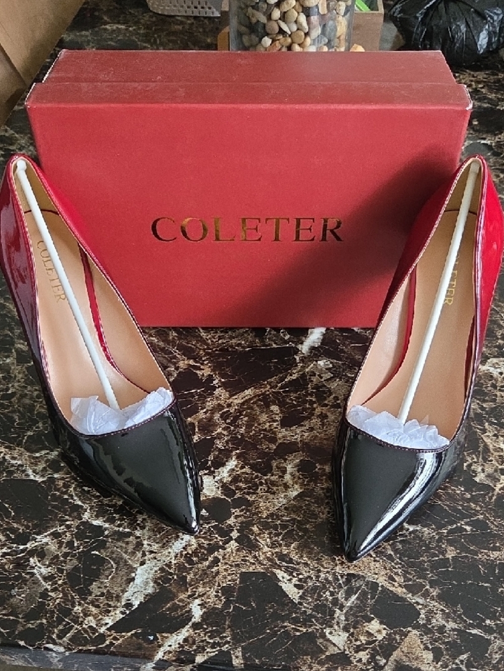 Two-Tone Red and Black Patent Pointed Toe Stiletto Heels - Picture 4 of 5